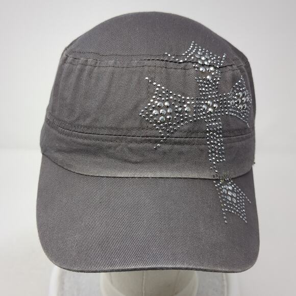 D&Y Fitted Cadet Army Cap Gray One Size Embellished Rhinestone Stretch - Picture 2 of 9